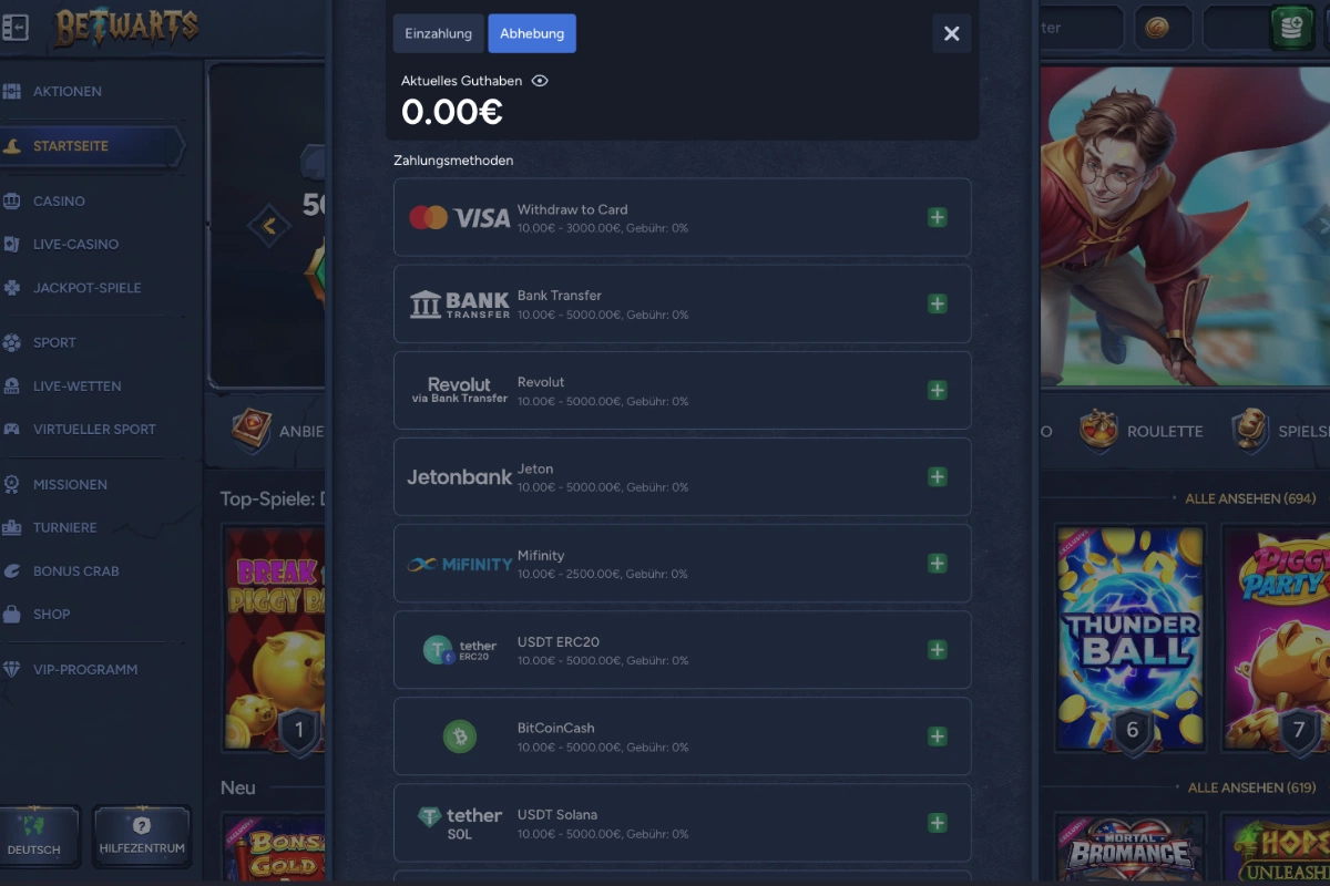 Betwarts Casino Auszahlung mit Karten, Bank Transfer, Revolut, Jeton und Krypto-Optionen