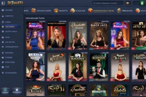Betwarts Casino Live-Casino Lobby mit Roulette, Blackjack und internationalen Tischen