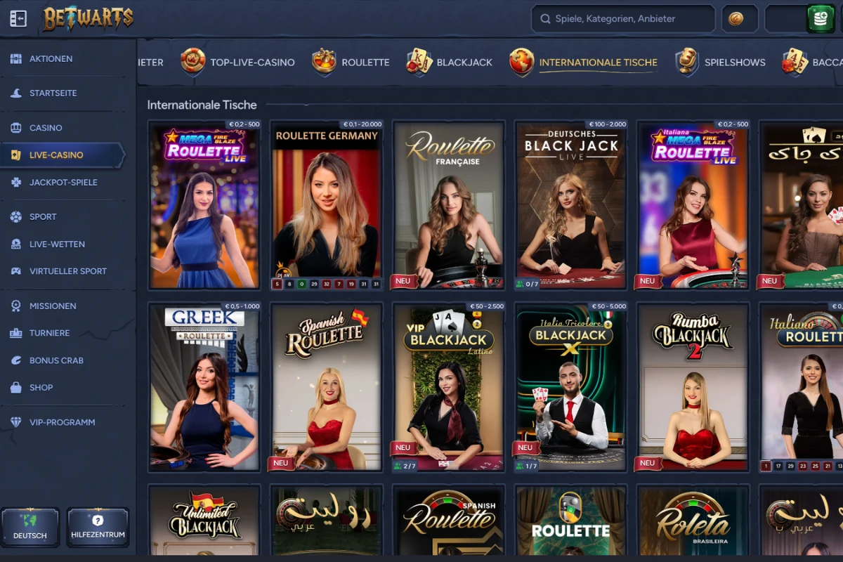 Betwarts Casino Live-Casino Lobby mit Roulette, Blackjack und internationalen Tischen