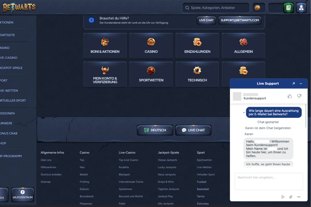 Betwarts Casino Hilfezentrum mit Live-Chat, Support-Kategorien und Kundenservice auf Deutsch