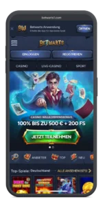 Betwarts Casino mobile Ansicht mit App-Banner, Login, Registrierung und Casino-Willkommensbonus