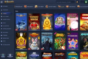 Betwarts Casino Spiele-Lobby mit Slots, Kategorien, Suchleiste und Navigation im dunklen Design