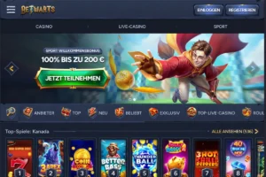 Betwarts Casino Startseite mit Sportbonus-Banner, Spielkategorien und Top-Spiele-Übersicht auf Deutsch