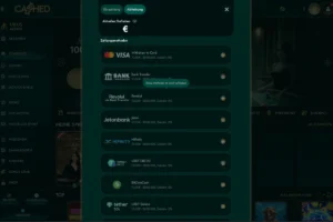 Cashed Casino Auszahlungsbereich mit verschiedenen Zahlungsmethoden wie Visa, Revolut, Jetonbank, Mifinity und Kryptowährungen im dunkelgrünen Interface-Design.
