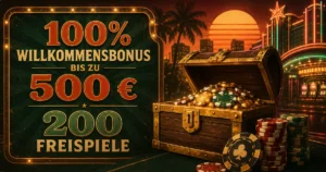 Cashed Casino Willkommensbonus im Retro-Stil mit 100 % Bonus bis zu 500 € und 200 Freispielen, nostalgischer Schatztruhe voller Casino-Chips und goldenen Münzen in warmen Vintage-Farben.