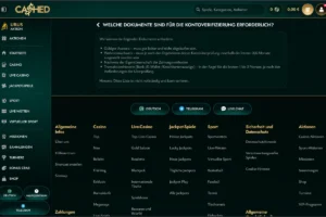 Cashed Casino Verifizierungsseite mit Informationen zu erforderlichen KYC-Dokumenten wie Ausweis, Wohnsitznachweis und Zahlungsnachweisen im deutschsprachigen Hilfebereich.