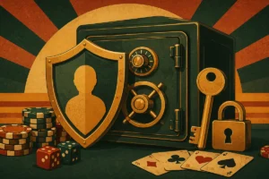 Cashed Casino Retro-Illustration zum verantwortungsvollen Spielen mit Tresor, Schutzschild, Schloss und Schlüssel in warmen Bernstein- und Grüntönen sowie klassischen Casino-Elementen im Vintage-Stil.