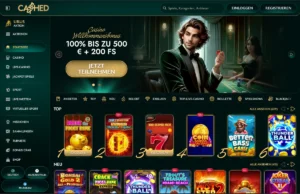 Cashed Casino Startseite mit Willkommensbonus von 100 % bis zu 500 € plus 200 Freispiele sowie verschiedenen Top-Casino-Spielen und Live-Casino-Kategorien.