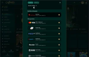 Cashed Casino Zahlungsbereich mit Zahlungsmethoden wie Visa, Paysafecard, Revolut, Banküberweisung und Sparkasse im sicheren Online-Casino-Interface.