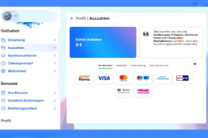 Ice Casino Auszahlungsbereich mit echtem Guthaben, Zahlungsmethoden wie Visa, Mastercard, Klarna, giropay und Banküberweisung.