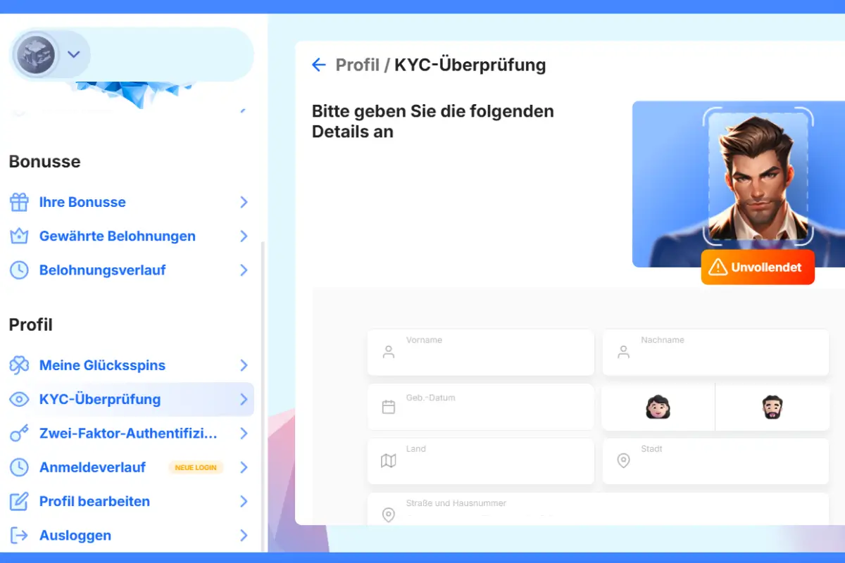 Ice Casino KYC-Verifizierung im Profilbereich mit Formularfeldern für persönliche Daten und Hinweis auf unvollständige Identitätsprüfung.