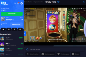 Ice Casino Live-Casino-Bereich mit Crazy Time Spiel, Live-Moderator, Coin-Flip-Runde und mobiler Casino-Navigation.