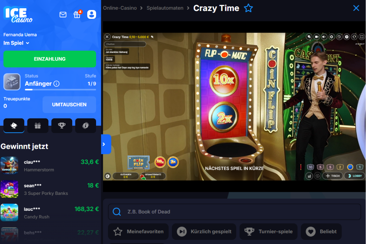 Ice Casino Live-Casino-Bereich mit Crazy Time Spiel, Live-Moderator, Coin-Flip-Runde und mobiler Casino-Navigation.