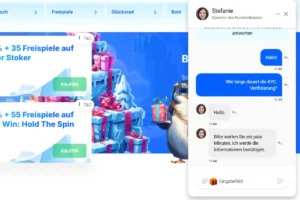 Ice Casino Live-Chat mit Kundenservice zur KYC-Verifizierung, Chatfenster und Bonusbereich im Hintergrund.