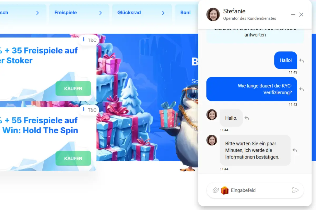 Ice Casino Live-Chat mit Kundenservice zur KYC-Verifizierung, Chatfenster und Bonusbereich im Hintergrund.