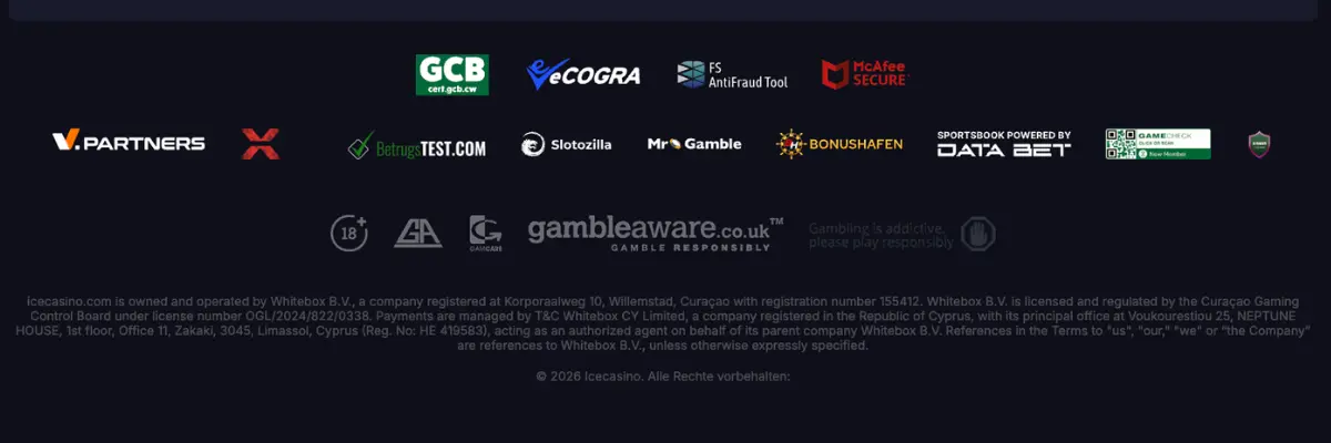 Ice Casino Footer mit Lizenzhinweisen, Sicherheitslogos, Partner-Siegeln und Informationen zum verantwortungsvollen Glücksspiel.