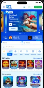 Ice Casino mobile Ansicht mit Turnierbanner, Spielsuche, Top-Spielen, Markenspielen und Einzahlungsbutton auf dem Smartphone.