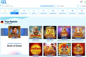 Ice Casino Spiele-Lobby mit Top-Spielen in Deutschland, Suchleiste, Kategorien und beliebten Slots wie Book of Dead und Big Bass.