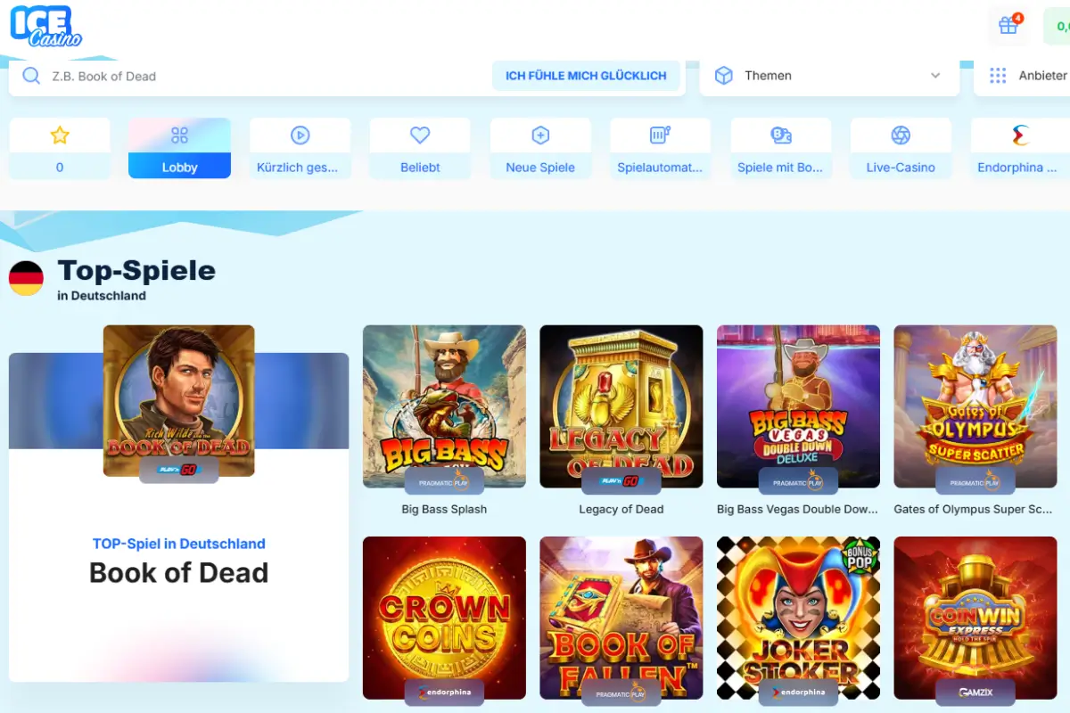 Ice Casino Spiele-Lobby mit Top-Spielen in Deutschland, Suchleiste, Kategorien und beliebten Slots wie Book of Dead und Big Bass.
