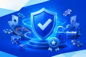 Ice Casino Spielerschutz-Grafik mit Schild, Schloss, Roulette, Würfeln, Spielkarten und Casino-Elementen in blauem Sicherheitsdesign.