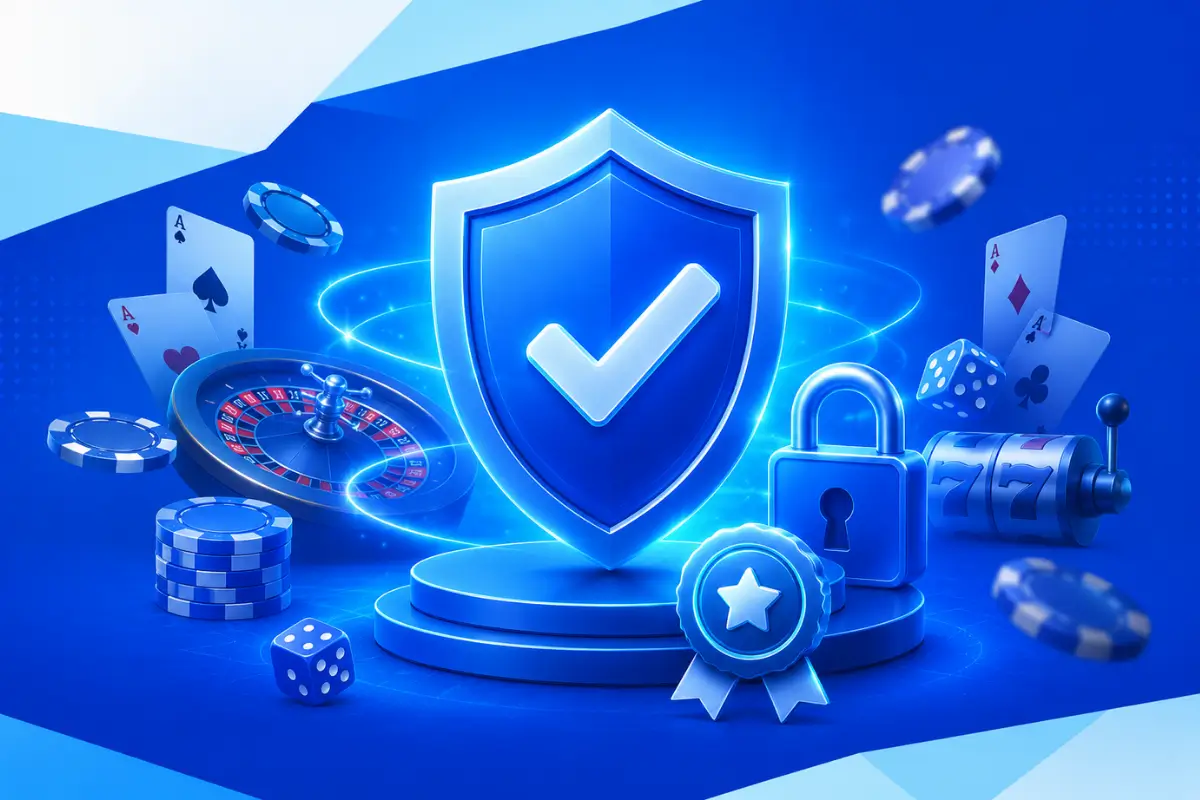 Ice Casino Spielerschutz-Grafik mit Schild, Schloss, Roulette, Würfeln, Spielkarten und Casino-Elementen in blauem Sicherheitsdesign.