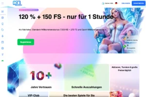 Ice Casino Startseite mit deutschem Willkommensbonus, Registrierungsbutton, Eis-Design und Casino-Figur im Hero-Bereich.