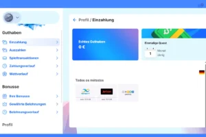 Ice Casino Einzahlungsseite mit Guthabenübersicht, Zahlungsoptionen wie MiFinity, Jeton und Crypto sowie Quest-Hinweis im Profilbereich.