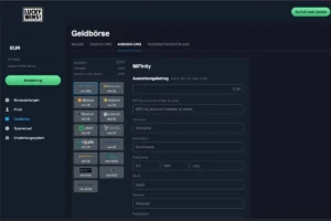 LuckyWins Casino payout area with MiFinity payout method, various cryptocurrencies and bank transfer options, as well as a payout form in a dark, modern user account design.