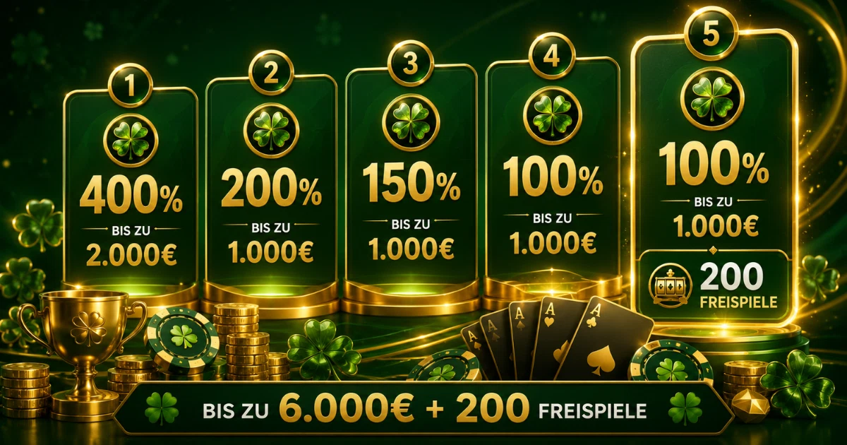 LuckyWins Casino bonus package with a five-tiered welcome bonus of up to 6,000 euros and 200 free spins, presented in a green and gold casino design featuring clovers, playing cards, chips and golden coins.