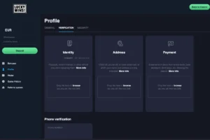 LuckyWins Casino payout area with MiFinity payout method, various cryptocurrencies and bank transfer options, as well as a payout form in a dark, modern user account design.