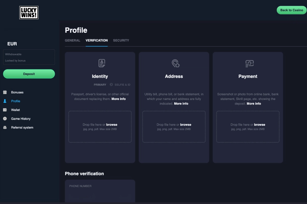 LuckyWins Casino payout area with MiFinity payout method, various cryptocurrencies and bank transfer options, as well as a payout form in a dark, modern user account design.