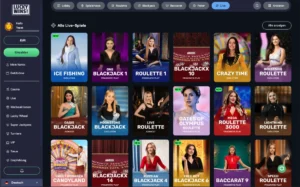 LuckyWins Casino Live Casino Lobby with Roulette, Blackjack, Baccarat and Crazy Time games from providers such as Evolution and Pragmatic Play in a clear live gaming interface.