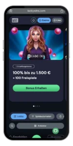 LuckyWins Casino mobile view on a smartphone with casino lobby, deposit bonus of 100 percent up to 1,500 euros plus 100 free spins and optimized user interface for mobile devices.