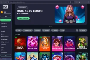 LuckyWins Casino games lobby with slot machines from AvatarUX, deposit bonus of 100 percent up to 1,500 euros plus 100 free spins and a modern casino interface in dark design.