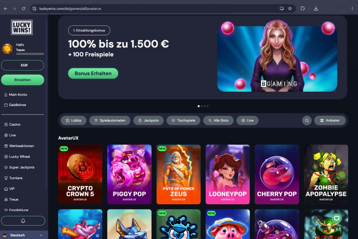 LuckyWins Casino games lobby with slot machines from AvatarUX, deposit bonus of 100 percent up to 1,500 euros plus 100 free spins and a modern casino interface in dark design.