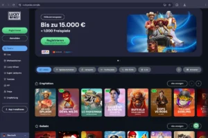 LuckyWins Casino homepage with a dark, modern casino layout, German menu, large welcome bonus of up to 15,000 euros and 1,000 free spins, as well as a selection of popular slot machines in the lobby area.