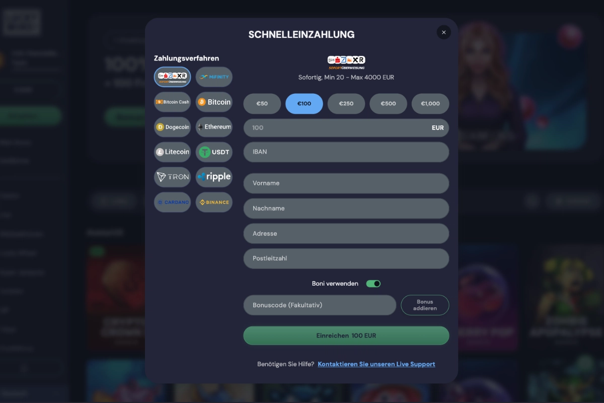 LuckyWins Casino offers deposit methods including instant bank transfer, MiFinity, cryptocurrencies such as Bitcoin, Ethereum, Litecoin and USDT, as well as a deposit form for fast transactions up to 4,000 euros.