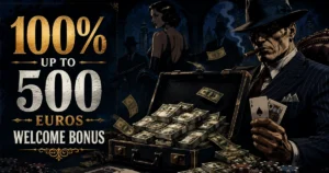 Mafia Casino Willkommensbonus Banner im Mafia-Stil mit 100 % Bonus bis zu 500 Euro, Geldkoffer, Spielkarten und dunkler Gangster-Atmosphäre.