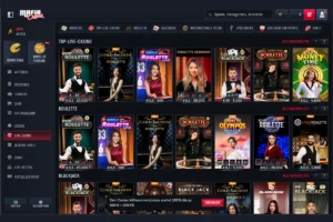Mafia Casino Live-Casino Lobby mit Roulette-, Blackjack- und Money-Time-Spielen in moderner, dunkler Benutzeroberfläche. 