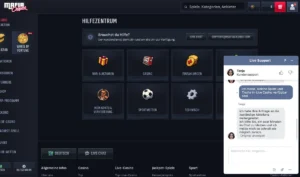 Live chat Mafia Casino Hilfecenter mit Kundensupport-Fenster, deutschsprachigem Support-Chat und Kategorien für Casino, Einzahlungen und Sportwetten. 