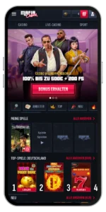 Mafia Casino mobile App Ansicht auf Smartphone mit Casino-Willkommensbonus, Top-Slots und mobiler Live-Casino Benutzeroberfläche. 