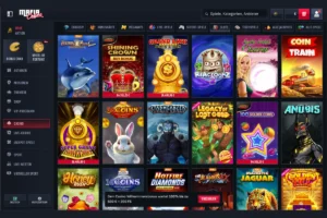 Mafia Casino Spiele-Lobby mit beliebten Slots, Jackpot-Spielen und exklusiven Automatenspielen im dunklen Casino-Design. 