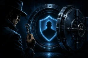 Responsible gambling protection illustration featuring a secure vault safe door with lock and key symbolism in a dark blue noir design, showing a protected person silhouette inside a glowing shield with cinematic lighting and a professional security-focused atmosphere.