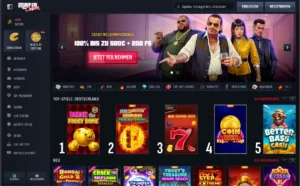 Mafia Casino Startseite mit Willkommensbonus, Mafia-Thema und Übersicht beliebter Online-Slotspiele im Premium-Design. 