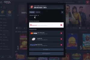 Mafia Casino Zahlungsarten und Einzahlungsbereich mit Sparkasse, Visa, Paysafecard und moderner dunkler Online-Casino Benutzeroberfläche.