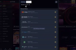 Auszahlungsbereich von QuickWin Casino mit verschiedenen Zahlungsmethoden wie Visa, Revolut, Jetonbank, MiFinity und Kryptowährungen für sichere Transaktionen im Online-Casino.