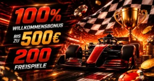 QuickWin Casino Rennbanner mit Formel-1-Rennwagen, karierter Zielflagge, goldener Trophäe und Casino-Chips in rot-orange-schwarzem Design sowie deutschem Bonusangebot über 100 % Willkommensbonus bis zu 500 € und 200 Freispiele.