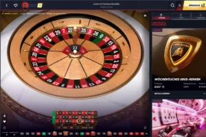 Live-Roulette-Spiel von QuickWin Casino mit hochwertigem Roulettekessel, Echtzeit-Wettfeldern und integriertem Turnierbereich im modernen Live-Casino-Design mit dunkler Racing-Optik.