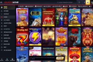 Spiele-Lobby von QuickWin Casino mit bunter Auswahl an Spielautomaten, Megaways-Slots, Tischspielen und exklusiven Casino-Games in modernem schwarz-rotem Interface.