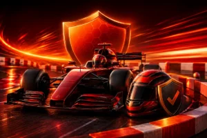 Illustration zum verantwortungsvollen Spielen von QuickWin Casino mit Formel-1-Rennwagen, Schutzschild und Rennhelm auf einer gesicherten Strecke in roten und orangenen Farbtönen als Symbol für kontrolliertes und sicheres Glücksspiel.